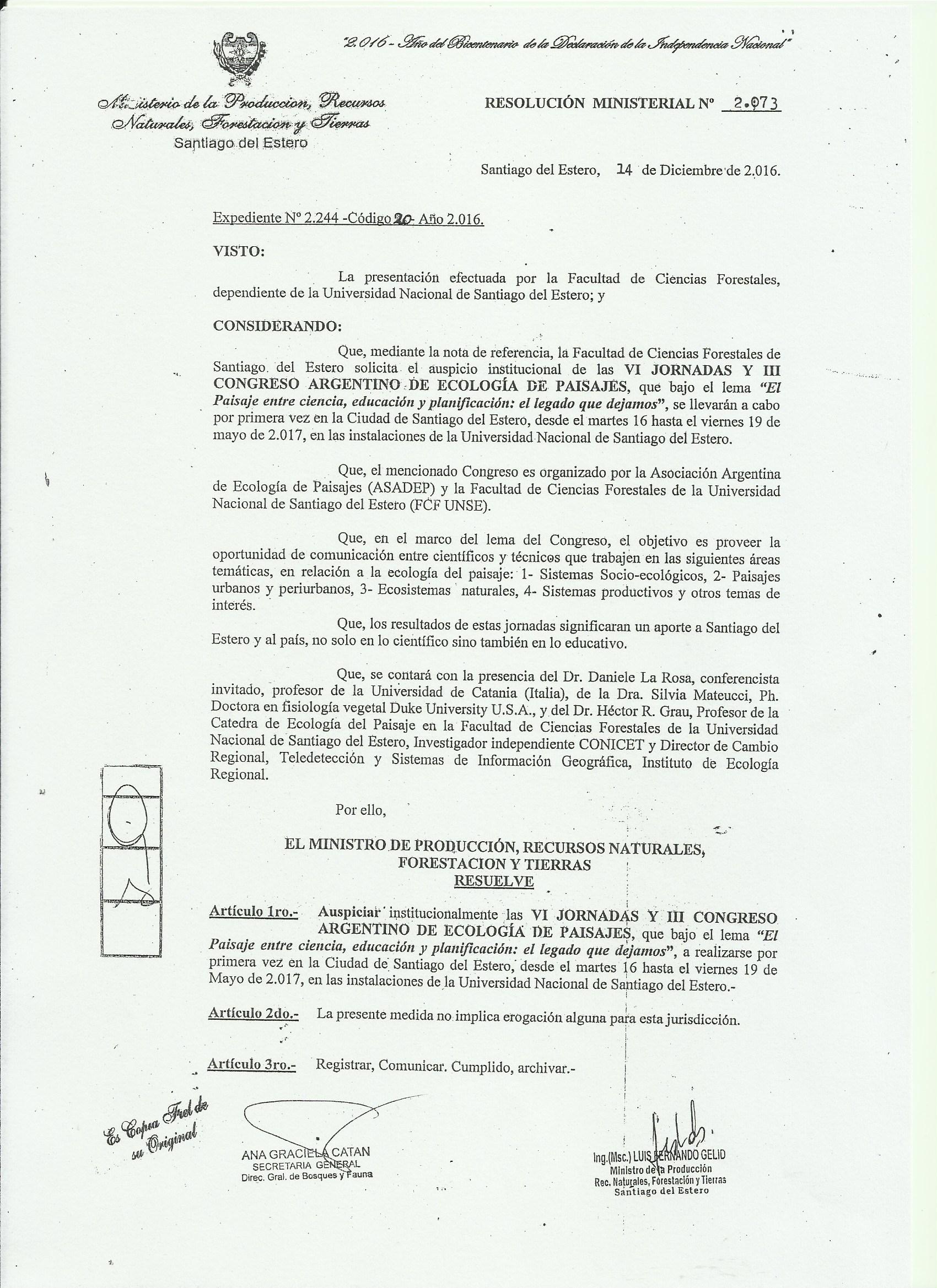 Declaración de interés: Ministerio de la Producción, Recursos Naturales, Forestación y Tierras de Santiago del Estero